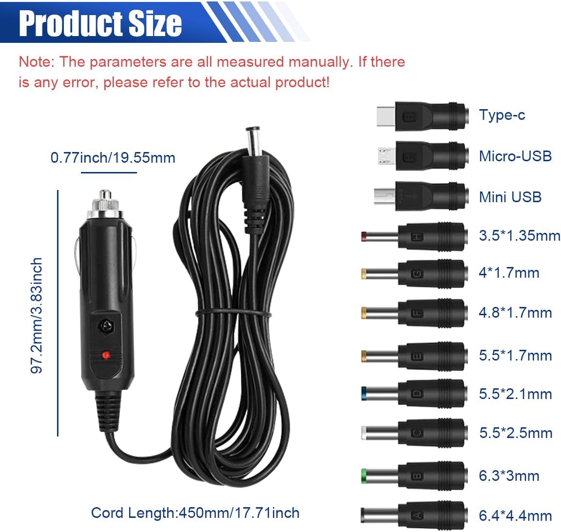 12V Car Charger with 5V DC Power Cable, Universal DC 5.5x2.1mm Plug Power Cord with 11 Connectors, Cigarette Lighter Plug Charging Cable for DVD Player, GPS, Camera, Bluetooth Speaker