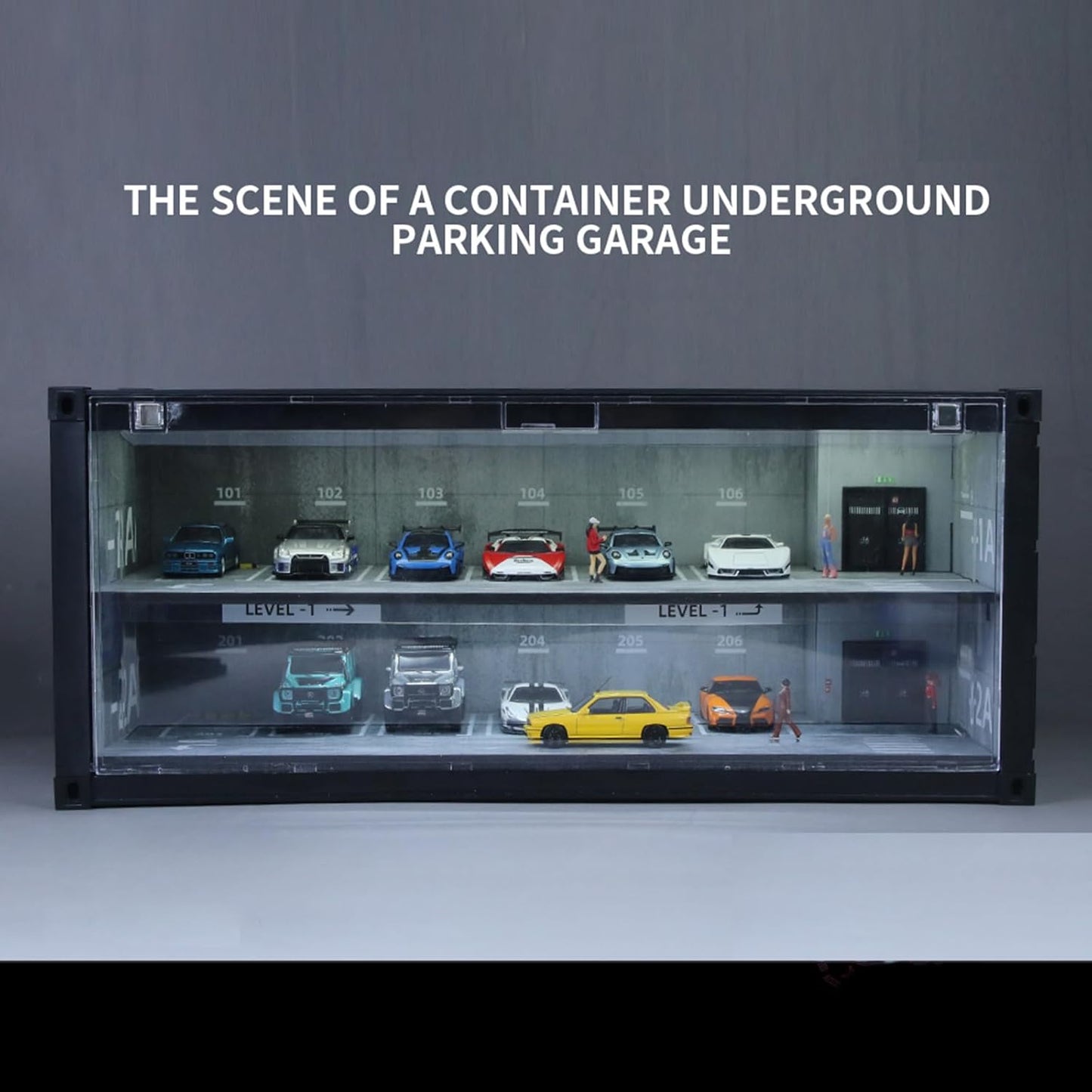 1/64 Scale Display Case with LED Light–Container Box Style Garage Diorama | Compatible with Hot Wheels Matchbox Mini GT Diecast Cars and Storage Stackable, for Model Car and Figures Display