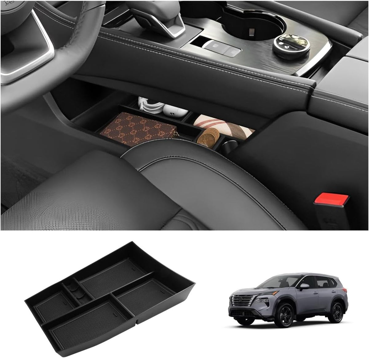 LUWU 2025 2026 Rogue Lower Center Console Tray Storage Box for 2021 2022 2023 2024 2025 2026 N issan Rogue Accessories Armrest Console Organizer ABS Material Black-trim