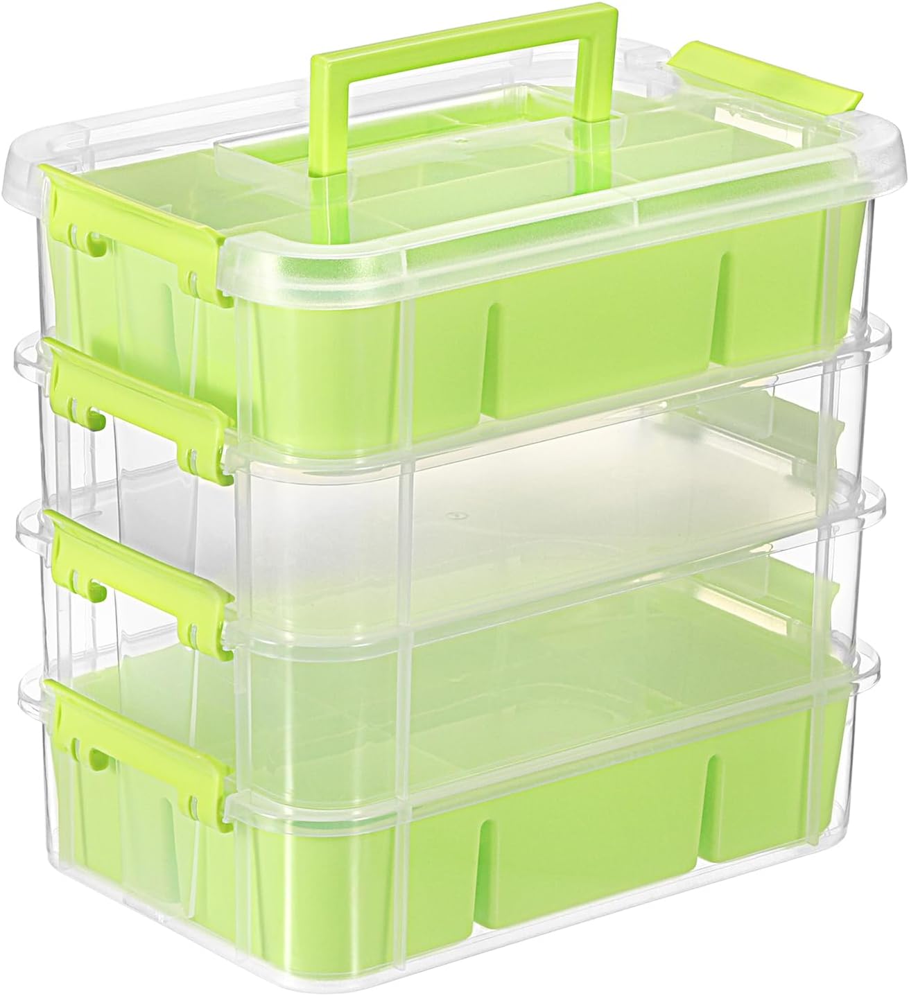 JUXYES 4-Tiers Plastic Stack Carry Storage Containers Box wih Handle Lids | Clear Stackable Latching Storage Bin With 2 Tray for School Office, Organizing Sewing, Art Craft, DIY Supplies, Green
