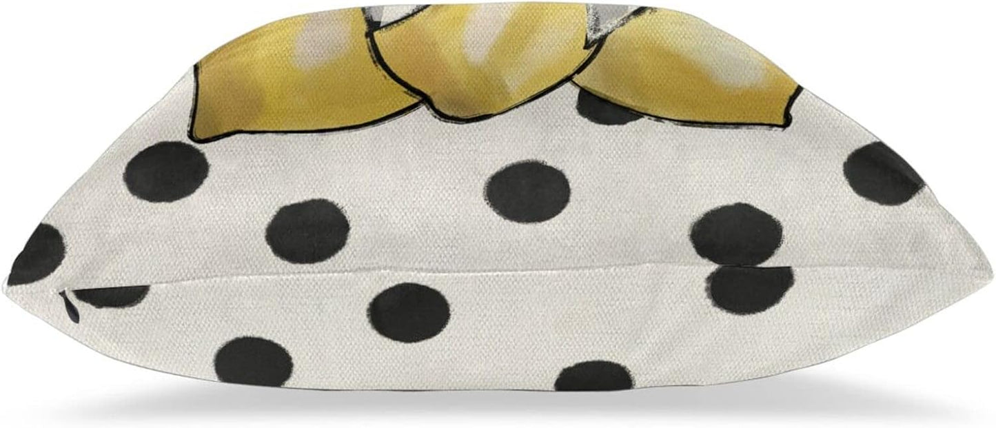 Summer Pillow Covers 18x18 Set of 2, Yellow Lemons Polka Dots Decorative Throw Pillow Cases Watercolor Summer Seasonal Linen Decorations for Home Bed Car Spring Decor