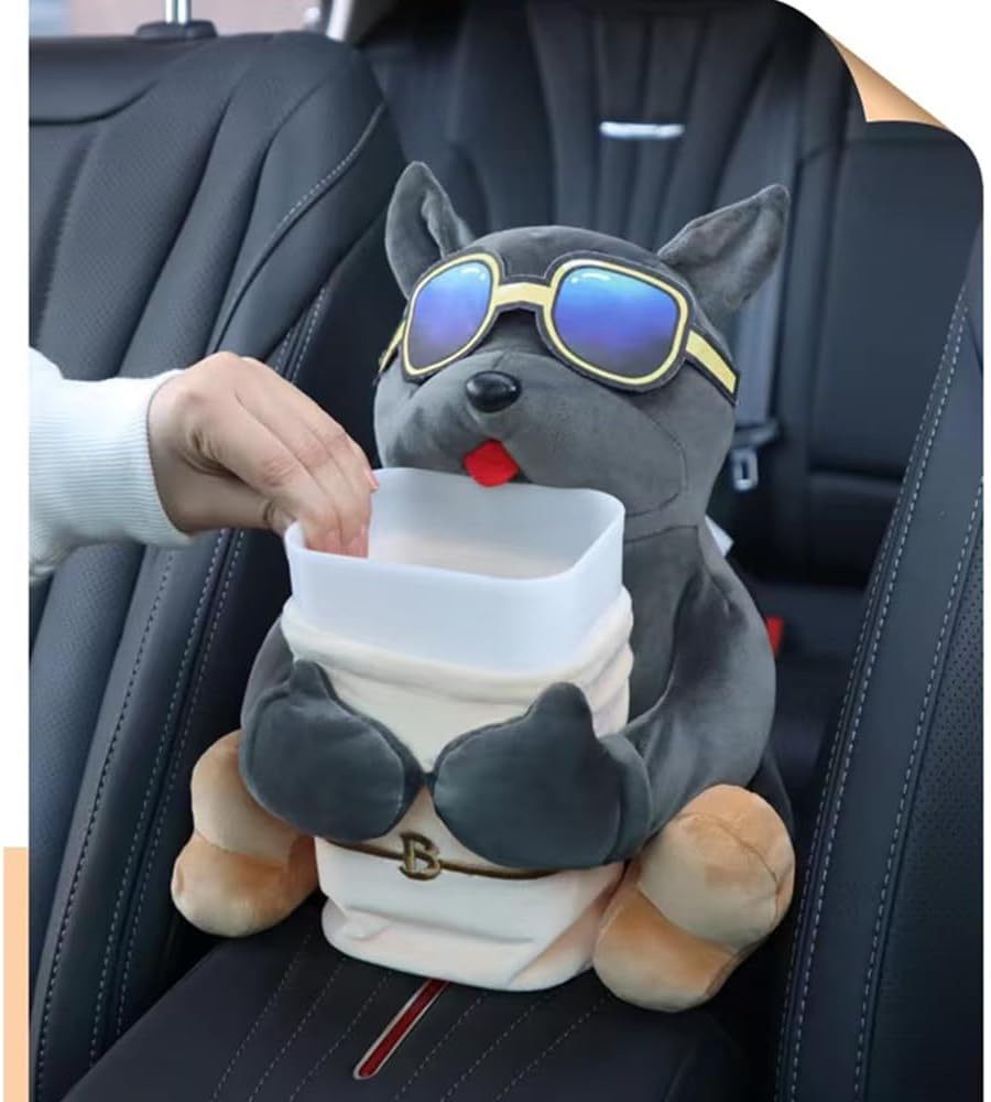 Multifunctional Deluxe Trash Can and Storage Box, Cute Tissue Box, Creative Animal Cartoon Decorative Organizer for Car and Home, Dog, Grey