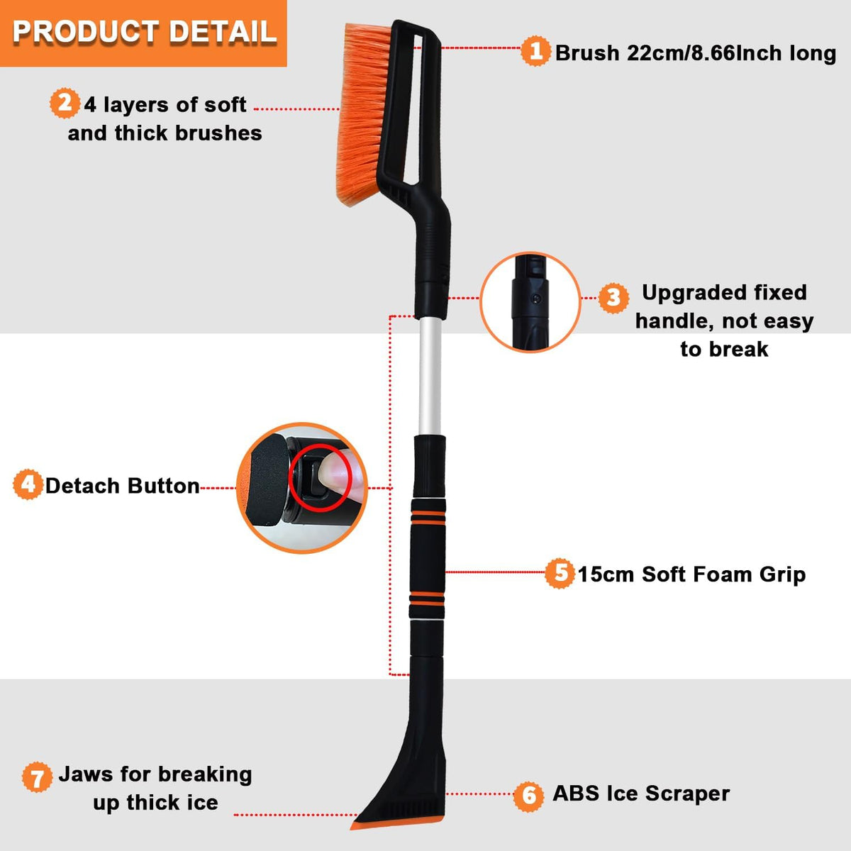 32 Inch Snow Brush - Aluminum Car Snow Scraper and Brush for Cars Windshield with Ergonomic Foam Grip for Snow Removal, Detachable Ice Scraper for Car