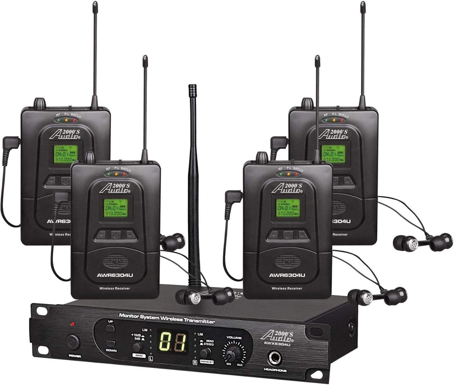 Audio2000'S AWM6306U UHF 100 Selectable Frequency Wireless in-Ear Monitor System with Four Wireless Receivers, One Wireless Transmitter, and One PVC Carrying Case