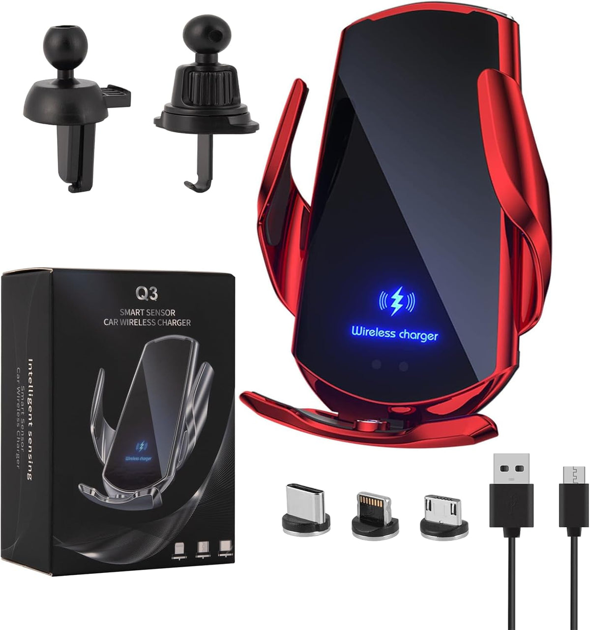 Wireless Car Charger Vent Mount Automotive Electric Induction 15W Wireless Charger Car Vent Mount Bracket Fast Charging Auto-Clamping Car Phone Holder Mount Air Vent Phone Holde(Red)