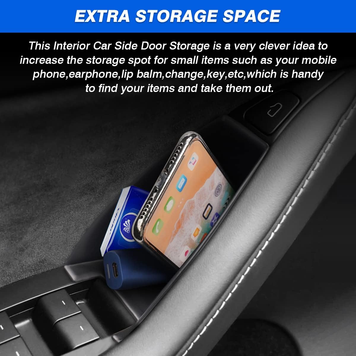 Autorder Custom Fit for Door Side Storage Box Tesla Model 3 2017-2023/ Model Y 2020-2023 Accessories Armrest Phone Container Door Organizer Handle Pocket Tray Black Set of 4