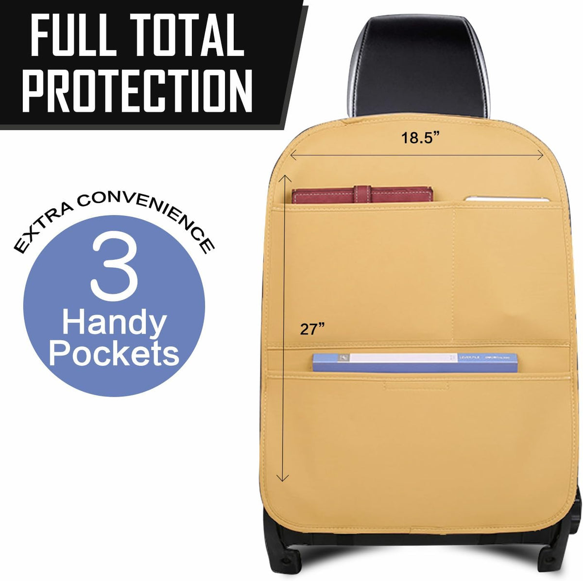 Kick Mat Back Seat Protector， Waterproof Leather Car Seat Back Organizers Cover with 3 Storage Pockets for Kids Pets SUV Sedan Minivan Truck Car Travel Accessories (Cayenne Yellow 2-pack)