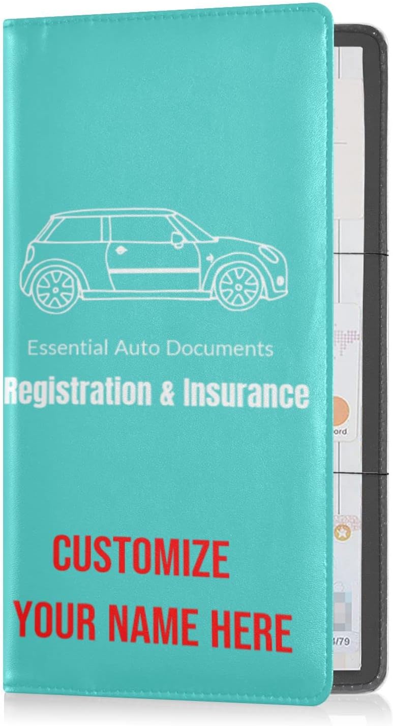 Custom Car Registration and Insurance Card Holder Personalized Leather Glove Box Organize Men Women Wallet Accessories Case for Cards, Essential Document Driver License Turquoise