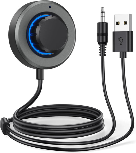 Wireless 6.0 Audio Receiver for Car, [CVC 8.0 Noise Cancelling] Auxiliary Wireless Adapter with Volume Control Knob & RGB Backlight, 3.5mm AUX Wireless Music Adapter for Hands-free Calls & Home Stereo