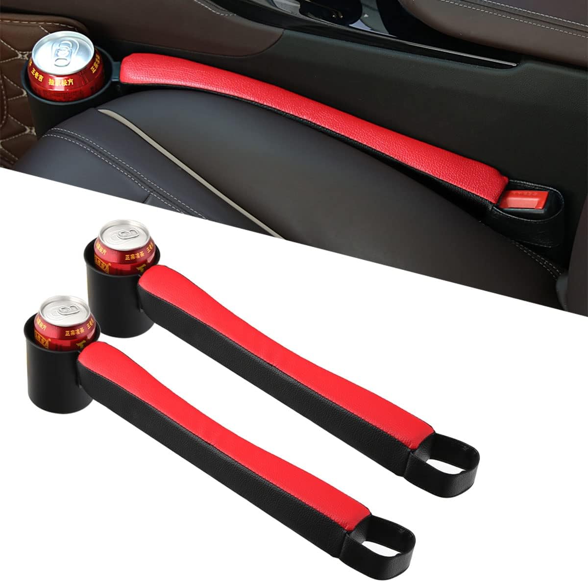 Tumecos Car Seat Gap Filler Pad PU Leather Console Side Pocket Organizer with One Cup Holder for Cellphone Wallet Coin Key 2 Pcs (Black+Red Surface)