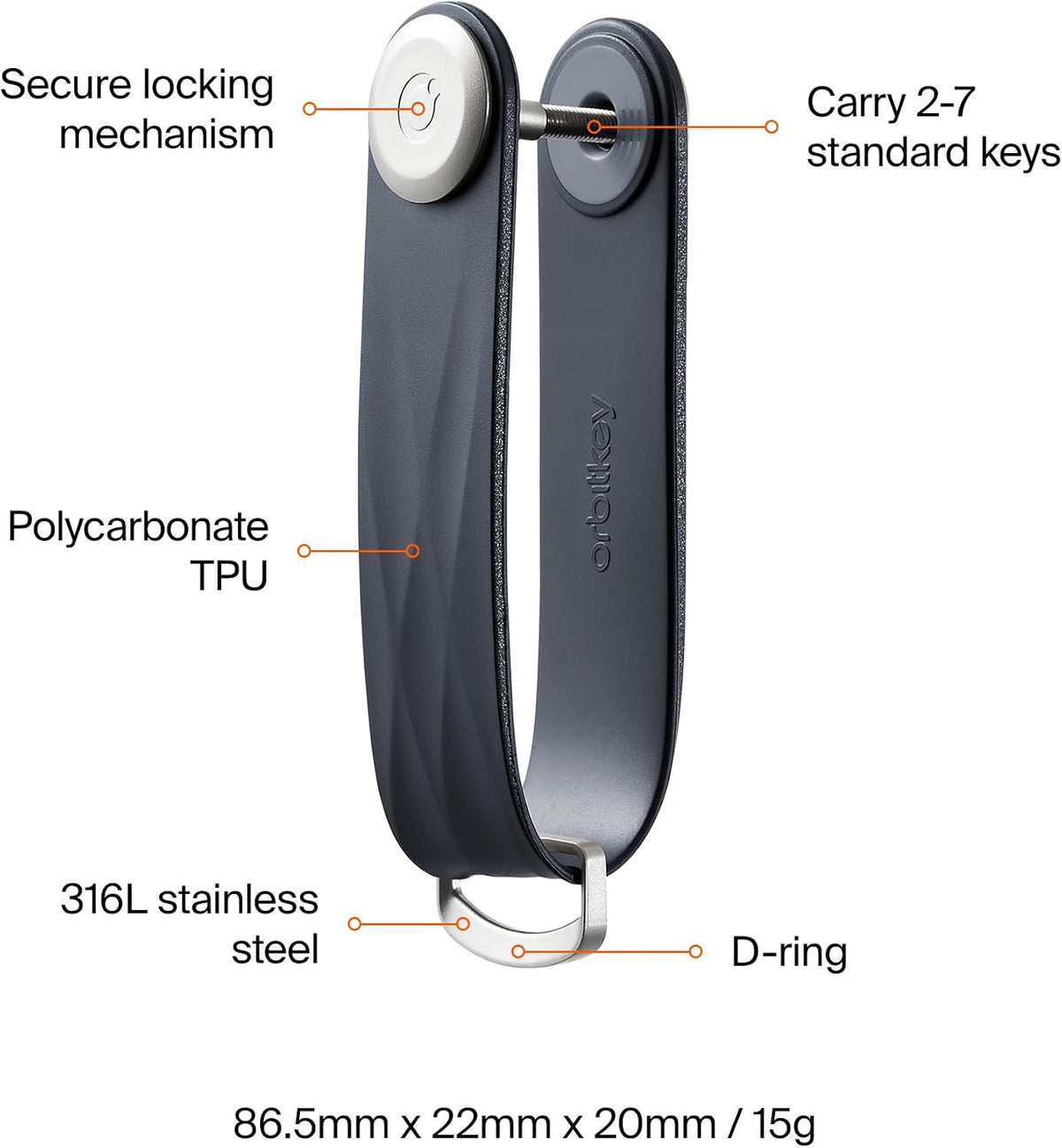 orbitkey New Active Key Organizer Lite w/updated D-Ring | Weather Resistant, Stainless Steel Locking Mechanism