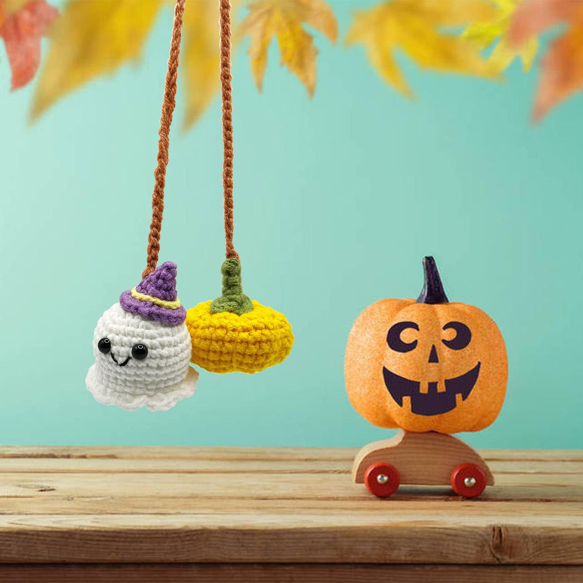 Halloween Outdoor Decorations Crochet Pumpkin and Ghost Car Decor for Rear View Mirror, Hand-Woven Mirror Charm Car Accessories for Women or Men (Orange Pumpkin and Ghost)