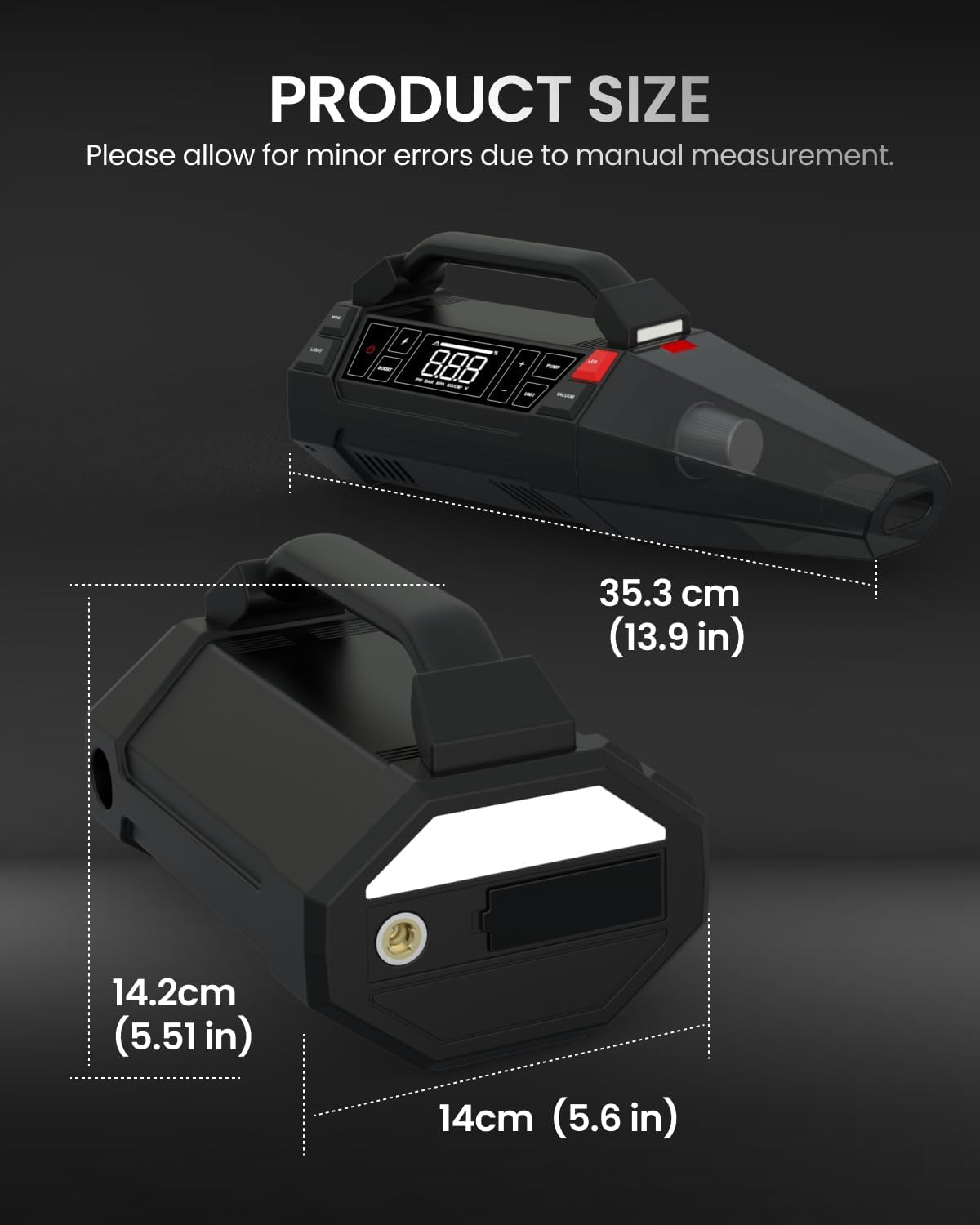 Tire Inflator Portable Air Compressor, Jump Starter, Car Vacuum Cleaner & LED Work Light, 4-IN-1 Multi-Function Design Cordless Tire Inflator with Digital Display for Cars