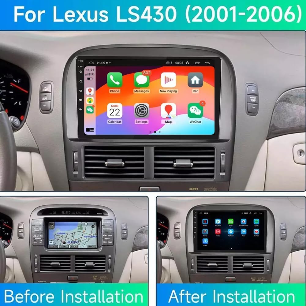 Android 13 Car Stereo Compatible for Lexus LS430 2001-2006, 9inch Touch Double Din Radio Stereo Car with GPS Bluetooth WiFi FM RDS HiFi SWC Mic Backup Camera