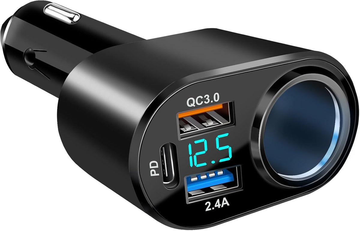 USB C Car Charger, 90W Cigarette Lighter Adapter Dual USB Fast Charging PD QC 3.0, 12V/24V Car Charger Socket Splitter with LED Voltmeter for Smart Phone GPS Dash Cam