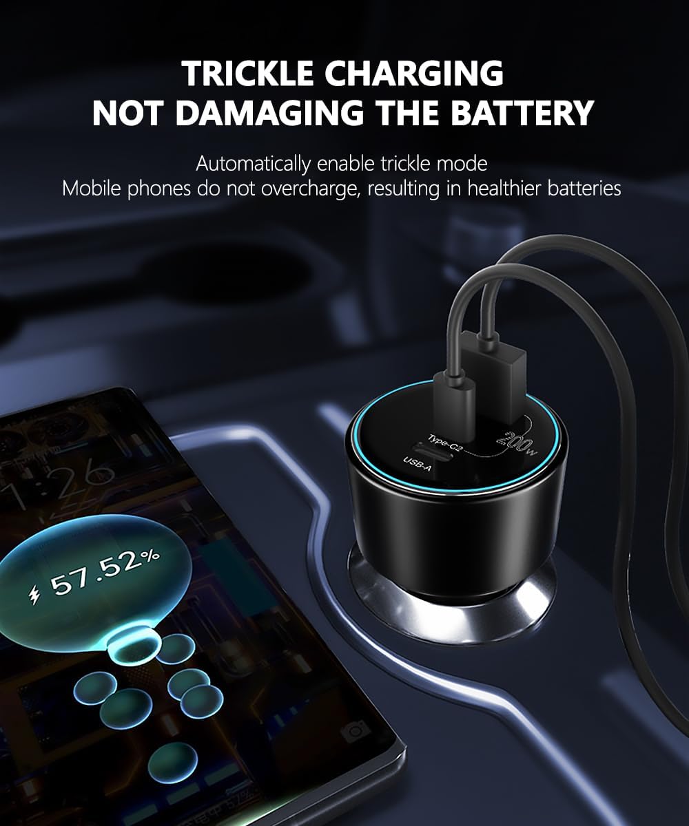 200W USB C Car Charger, 2 Port 100W Type-C Charger with 2 100W USB C Cable
