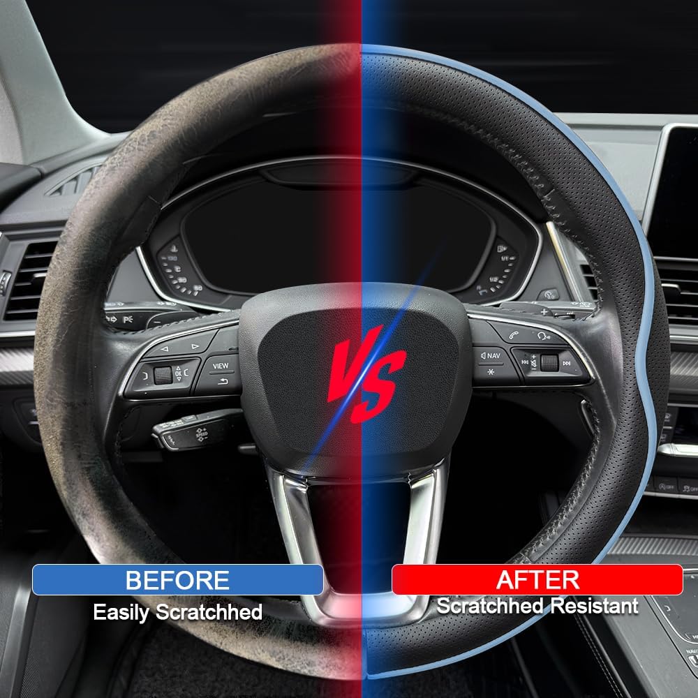 HAOTULE Leather Steering Wheel Cover， with Anti-Slip Stripe Design - Enhanced Grip, Fashion Style, Safe, Non-Slip, Breathable. Upgrade car Interior，Black Blue