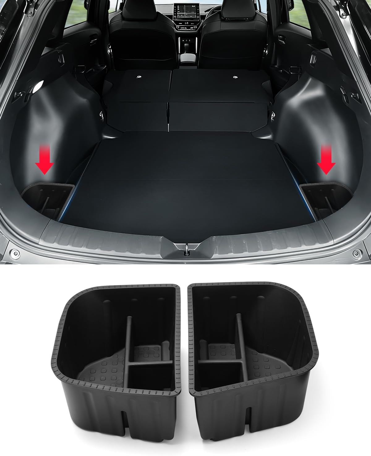 Karltys Rear Side Trunk Storage Bins for Toyota Corolla Cross 2022-2026 AWD, 2 Pcs Cargo Side Pocket Organizer Boxes, ABS Side Storage Tray Accessories, Not for Hybrid or FWD