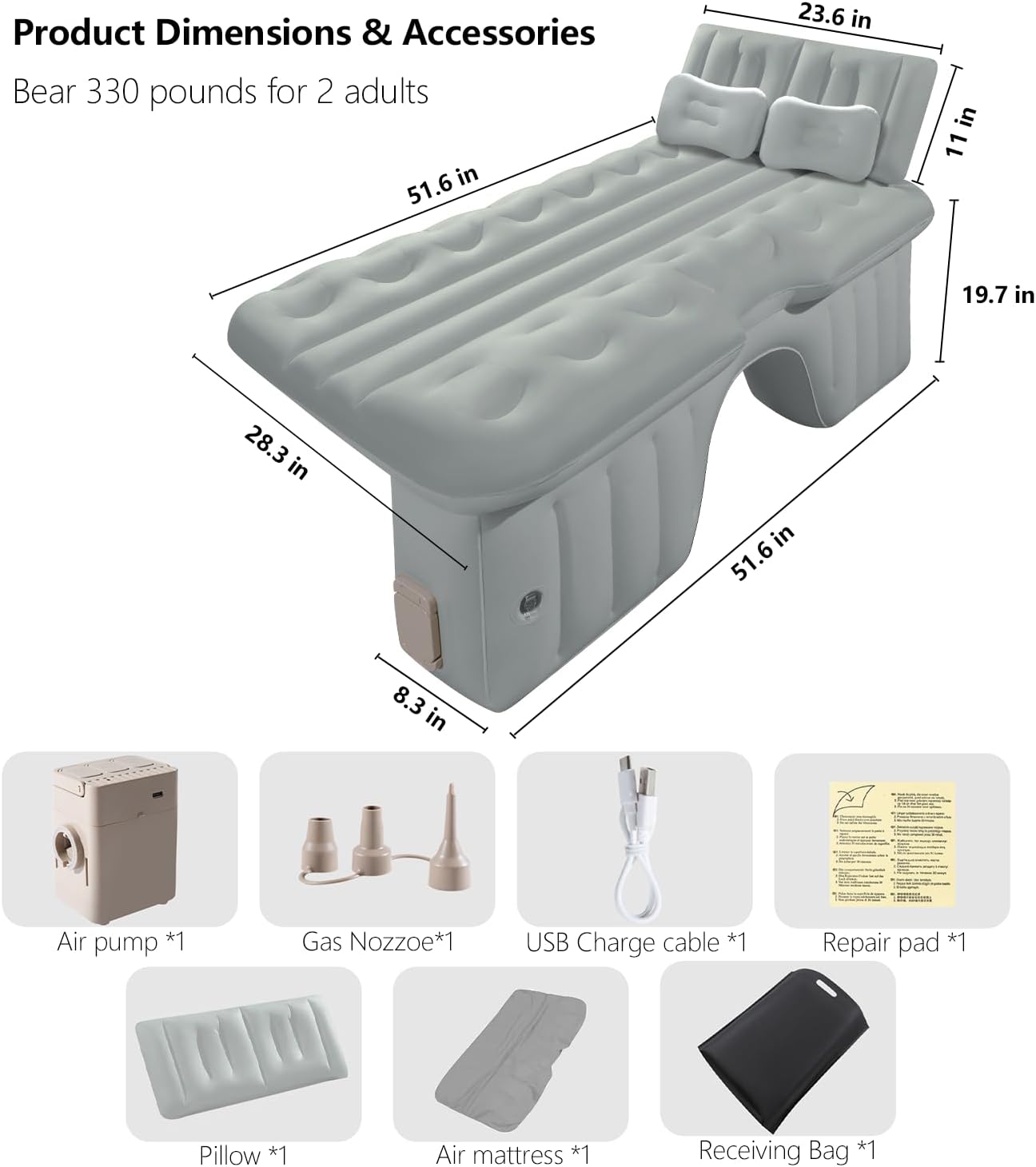 BEBAS Inflatable Car Air Mattress for Back Seat & SUV - All-in-One Design with Built-in Pump & Pillow, Quick 1-Key Inflation/Deflation, Comfort Portable Bed for Camping, Travel, Trucks | Gray