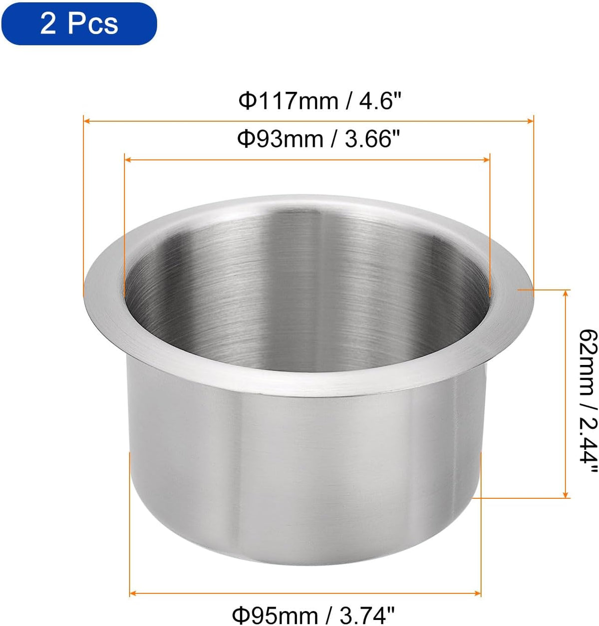 uxcell 2 Pcs 201 Stainless Steel Drop-in Cup, 2.44" x 4.6" Drink Can Holder Poker Table Cup Holder Insert for Sofa Boat Car Marine, Silver