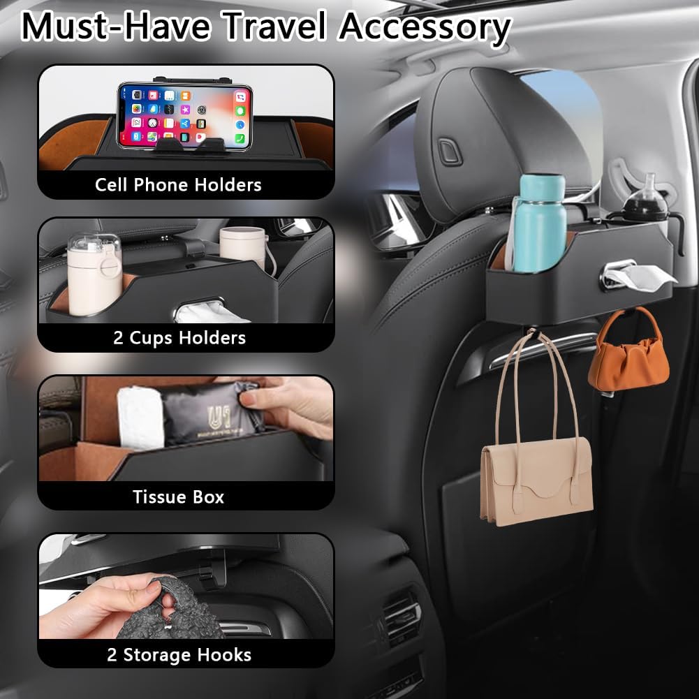 Abnaok Back Seat Car Organizer, 4 in 1 Multifunctional Car Back Seat Storage Box with Drink Cup Holder Tissue Box, for Hold Phone,Snacks, Drinks, Handbag