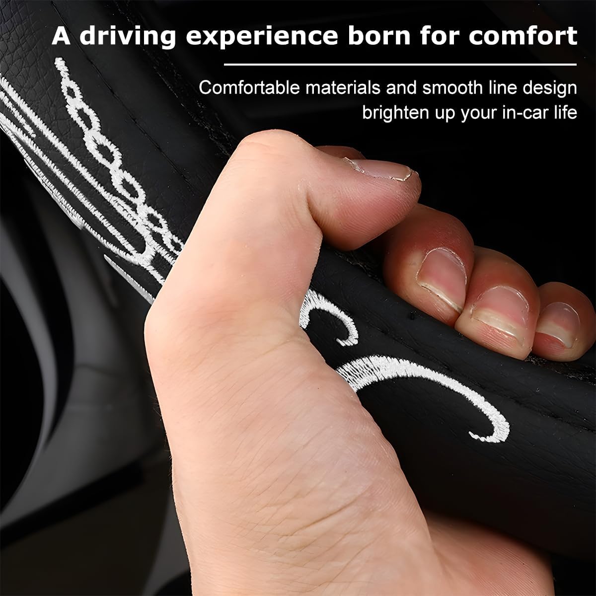 Car Steering Wheel Cover, Embroidery Butterfly Leather Vehicle Steering Protector with Anti-Slip Lining, Full Surround Automotive Interior Wheel Guard Accessories, Universal Fit (Black White)
