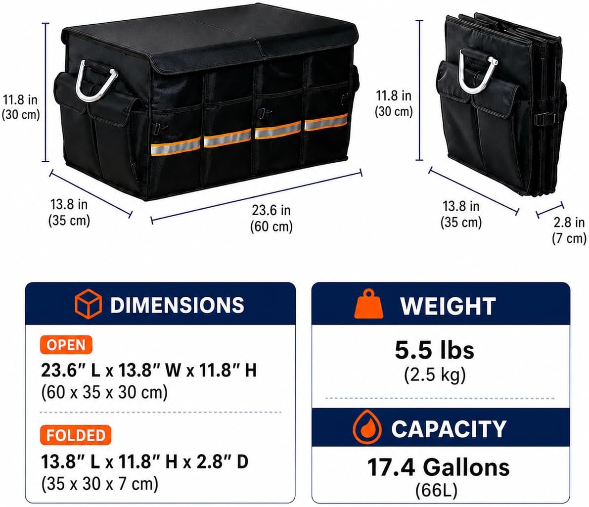 Premium Car Trunk Organizer, Heavy Duty Foldable SUV Storage Box with Non-Slip Bottom, Waterproof Oxford Cloth, Large Capacity Sturdy Cargo Organizer for Car, Truck