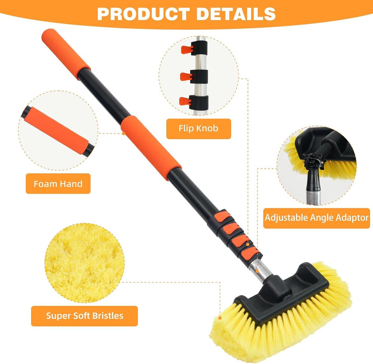 12FT Car Wash Brush with Long Handle Telescoping Extension Pole Angle Adapter with 12" Soft and Hard Bristle Scratch-Free for Cleaning Car Truck RV House Floor Window Roof Solar Panels