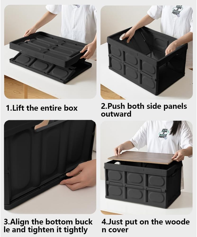 Collapsible Storage Bins Box with Lids and Handle, 30L Portable Plastic Storage Crate Containers Totes, Instacrate Stackable Foldable Camping Basket Supplies for Camp Fishing Car RV, Office (Black)