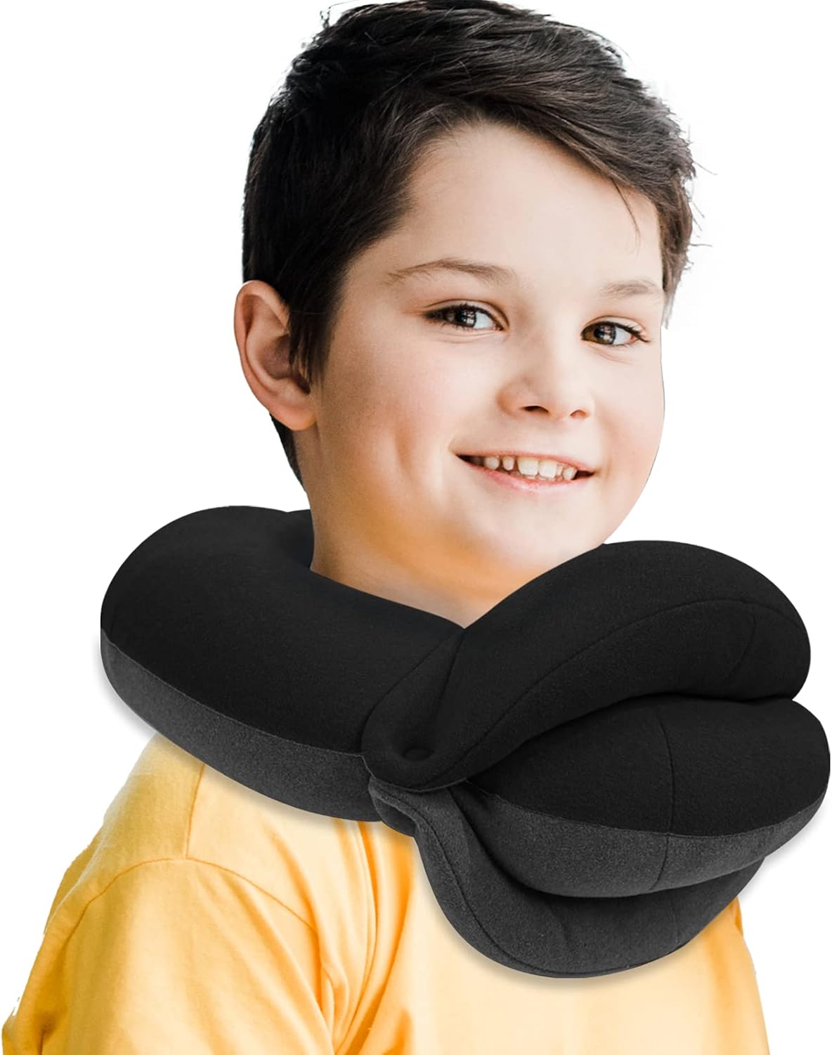BUYUE Kids Travel Pillows for Airplane, Memory Foam 360° Head Support Sleeping Essentials for Long Flight, Skin-Friendly Soft Neck Pillow for Traveling in Car Seat, (Small, Black Grey, 40-90 lbs)