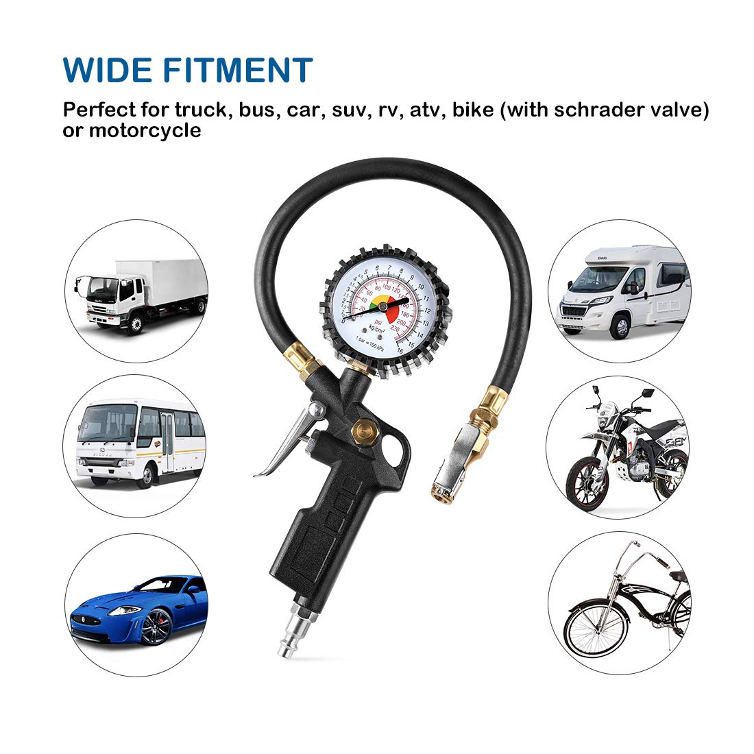 CZC AUTO Tire Inflator Deflator Air Pressure Gauge with Rubber Hose