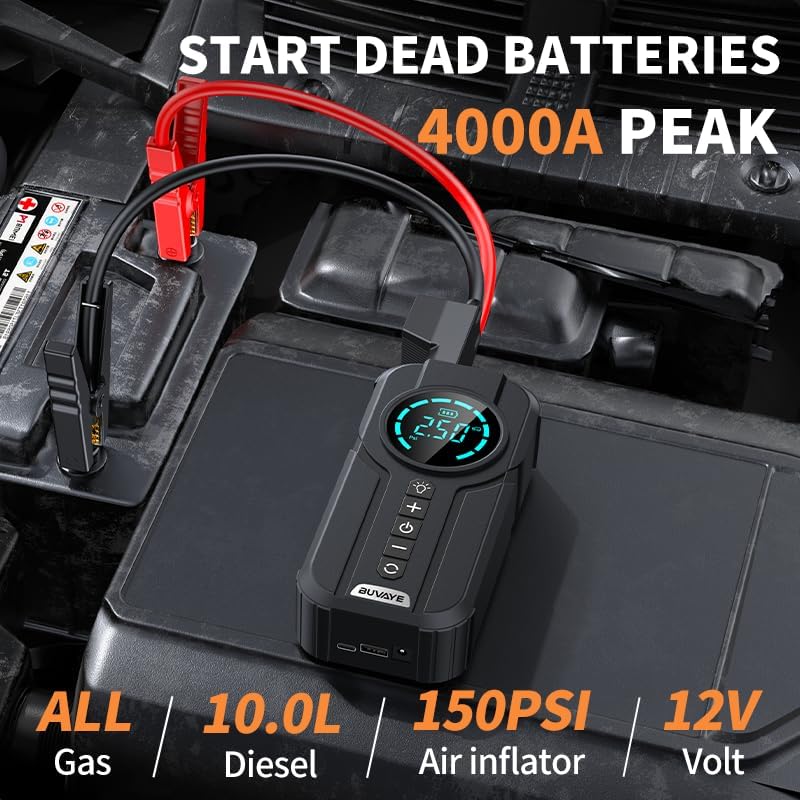 4000A Jump Starter with Air Compressor, 150PSI Battery Jumper Starter Portable for All Gas and 10.0L, 12V Car Jump Starter with Jumper Cable 3 Modes Flashlight and EVA Bag