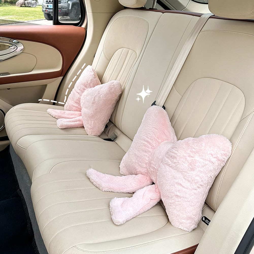 LYFJMUS 4 Pack Plush Bow Car Headrest Pillow and Lumbar Support Pillow Soft Butterfly Car Neck Pillows for Driving Cars Decor (Pink)