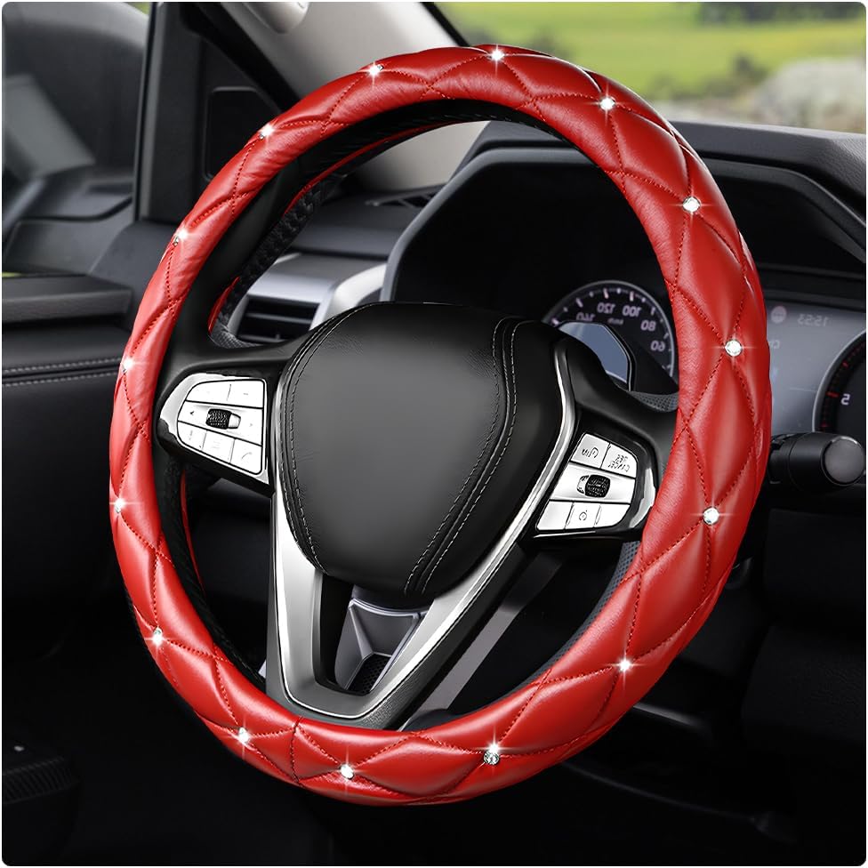 Bling Car Steering Wheel Cover, 15 Inch Diamond Leather Anti-Slip Auto Steering Wheel Protector, Cute Sparkly Rhinestones Wheels Cover Automotive Decoration for Women Girl (Pink)