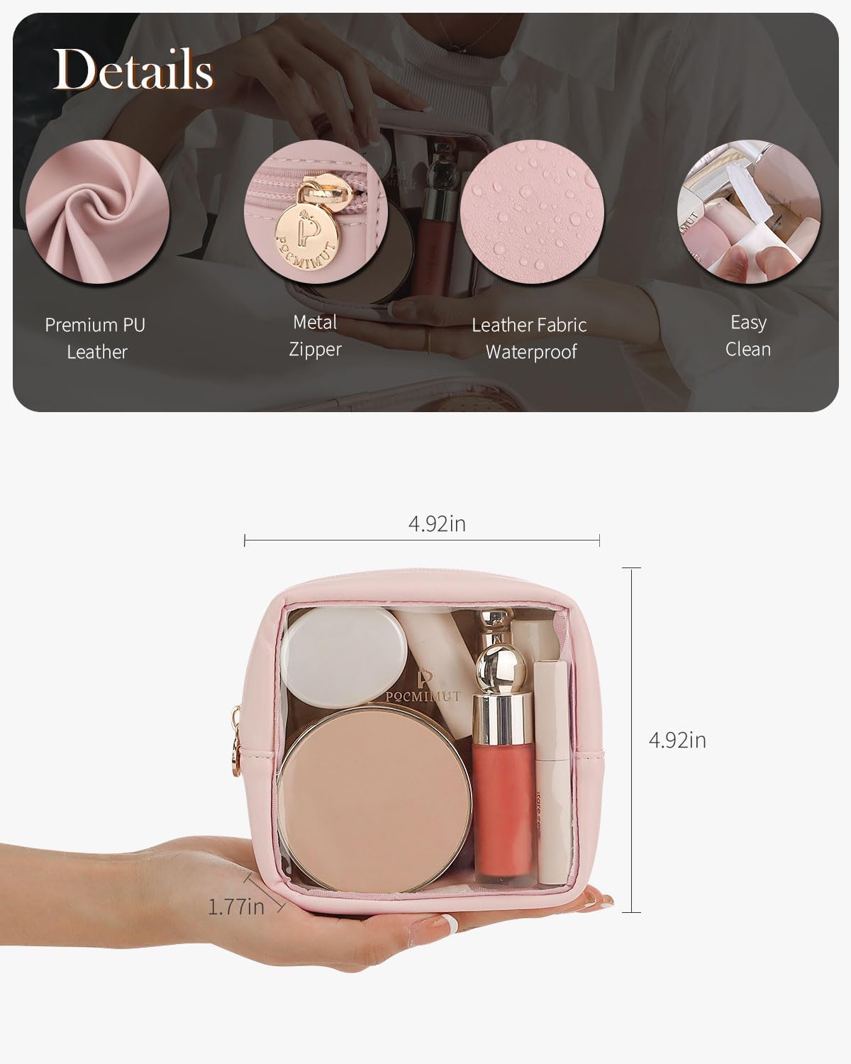 Pocmimut Clear Makeup Bag, Easy to Find Mini Makeup Bag for Purse, Travel Makeup Bag for Car, Compact Cosmetic Pouch for Daily Essentials,Pink