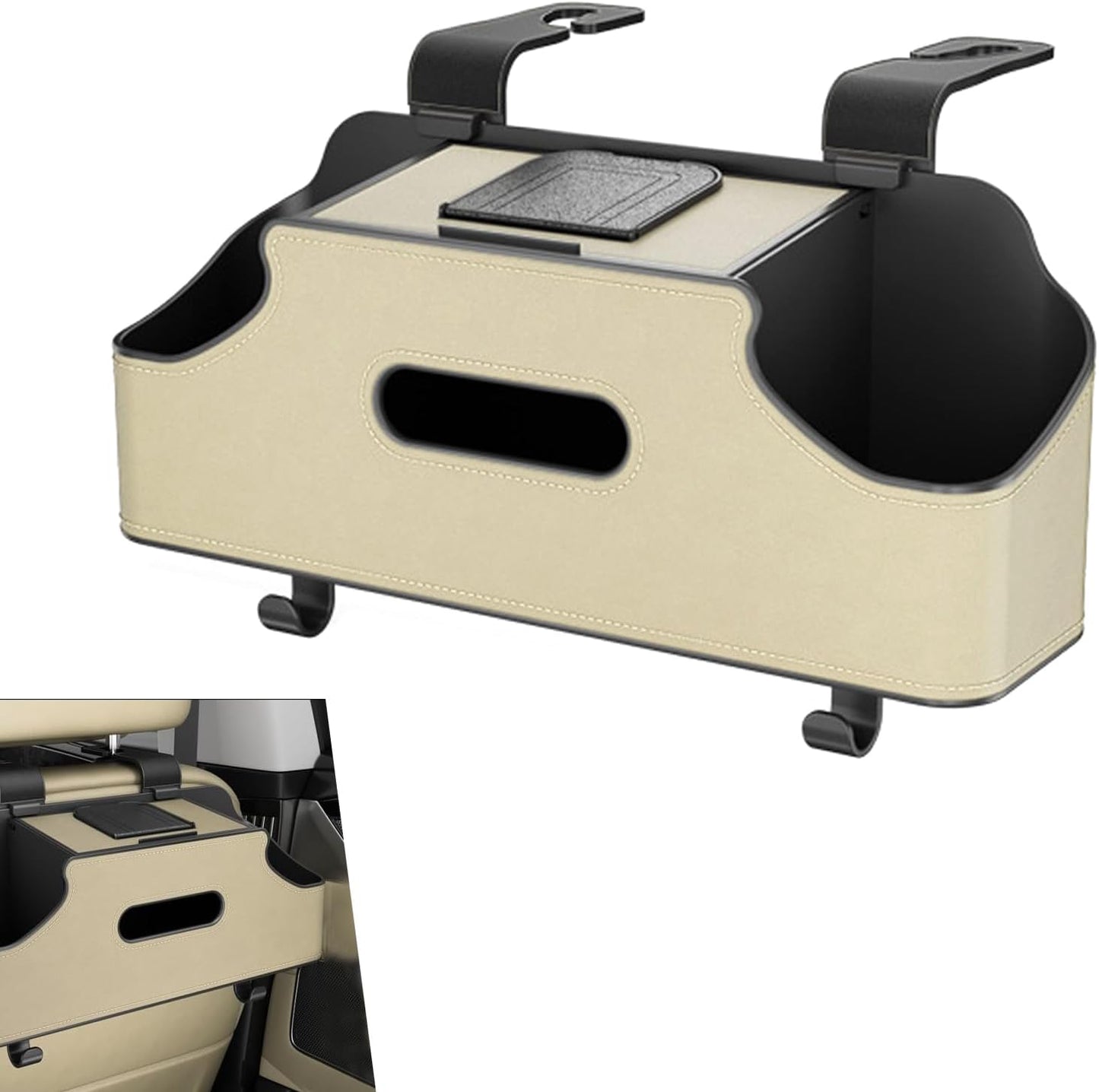 Car Seatback Organizer with Cup Holder, Leather Headseat Tissue Box and Storage Box, Multifunction Auto Rear-mounted Mobile Phone Holder, for Most Cars (Beige)