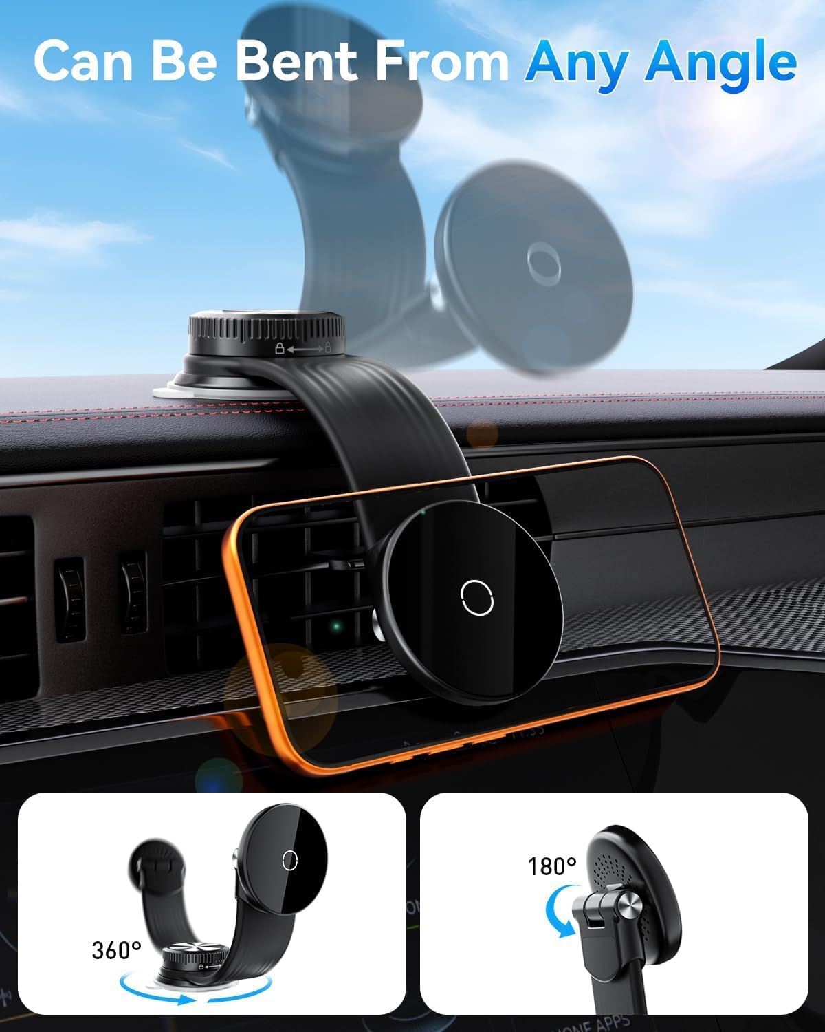 15W Magnetic Wireless Car Charger Mount, Flexible Bendable Aluminum Arm [360° Adjustable], Upgraded Adhesive Suction Cup Base, Dashboard Windshield Fast Charging Phone Holder for iPhone 17