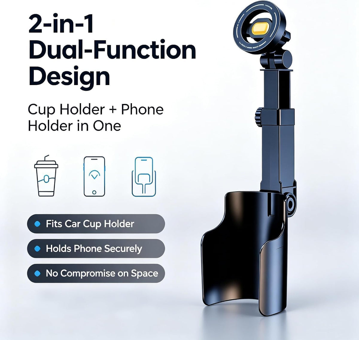 Car Cup Holder Phone Mount, 360° Adjustable, 2 in 1 One Hand Operation Car Holder, Adjustable Base Cupholder Phone Holder for All Phones(Magnetic)
