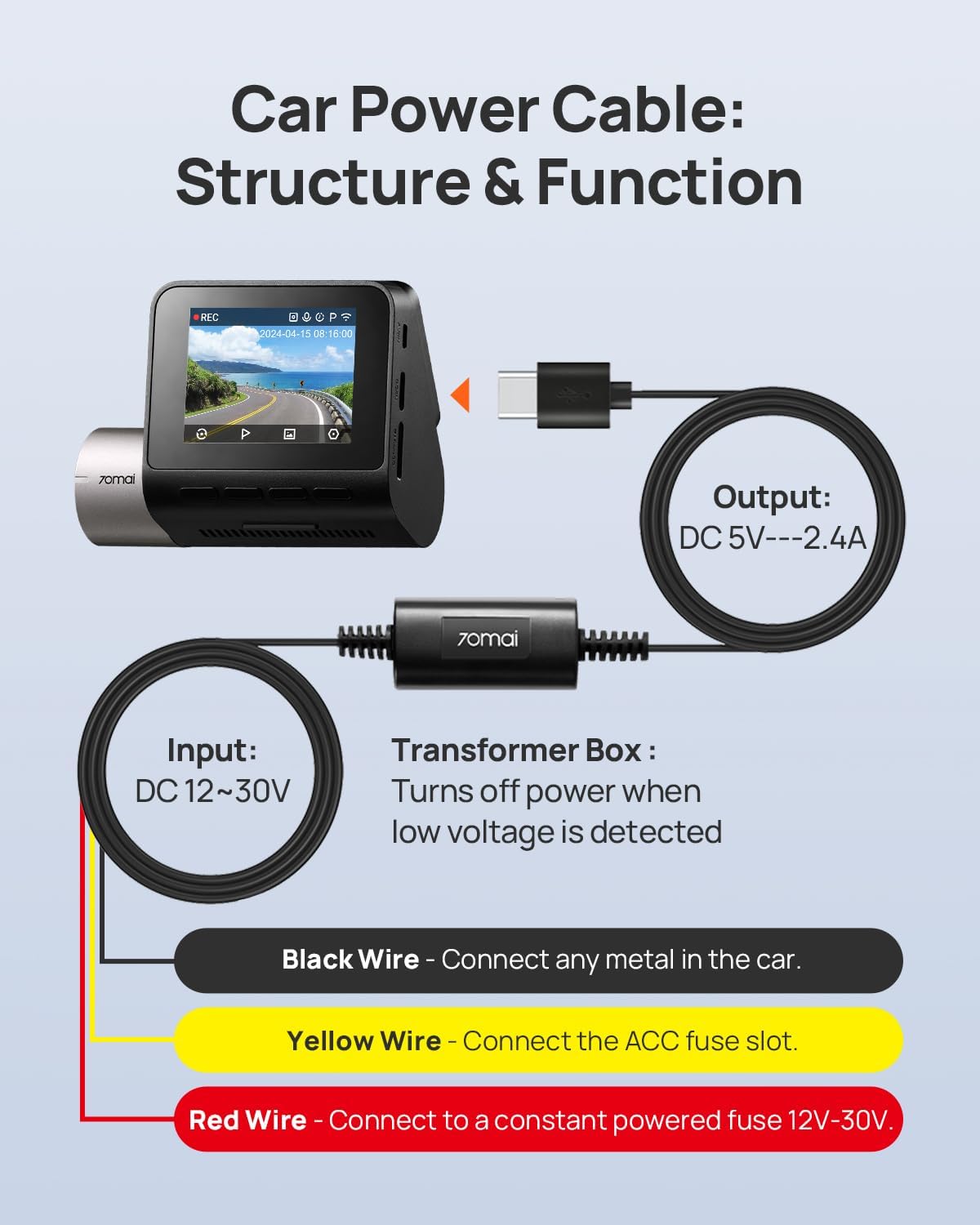 70mai Type-C Hardwire Kit UP03 for Dash Cams, 10ft, 12V-30V to 5V/2.4A, Low Voltage Protection 11.8V, 24 Hour Parking Surveillance Power Supply for M310/A510/A500S/A810/X800/A810 Lite Car Cameras