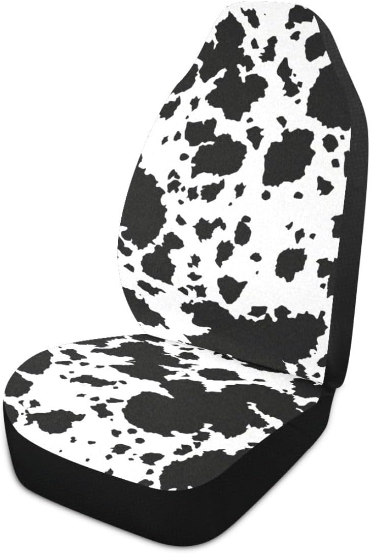 Cow Print Car Seat Covers Set of 2,Rustic Spotted Milk Cow Fur Texture Black Cowhide Universal Auto Front Seat Protector for Women Cute Animal Skin Pattern Car Accessories Fit for Car Truck