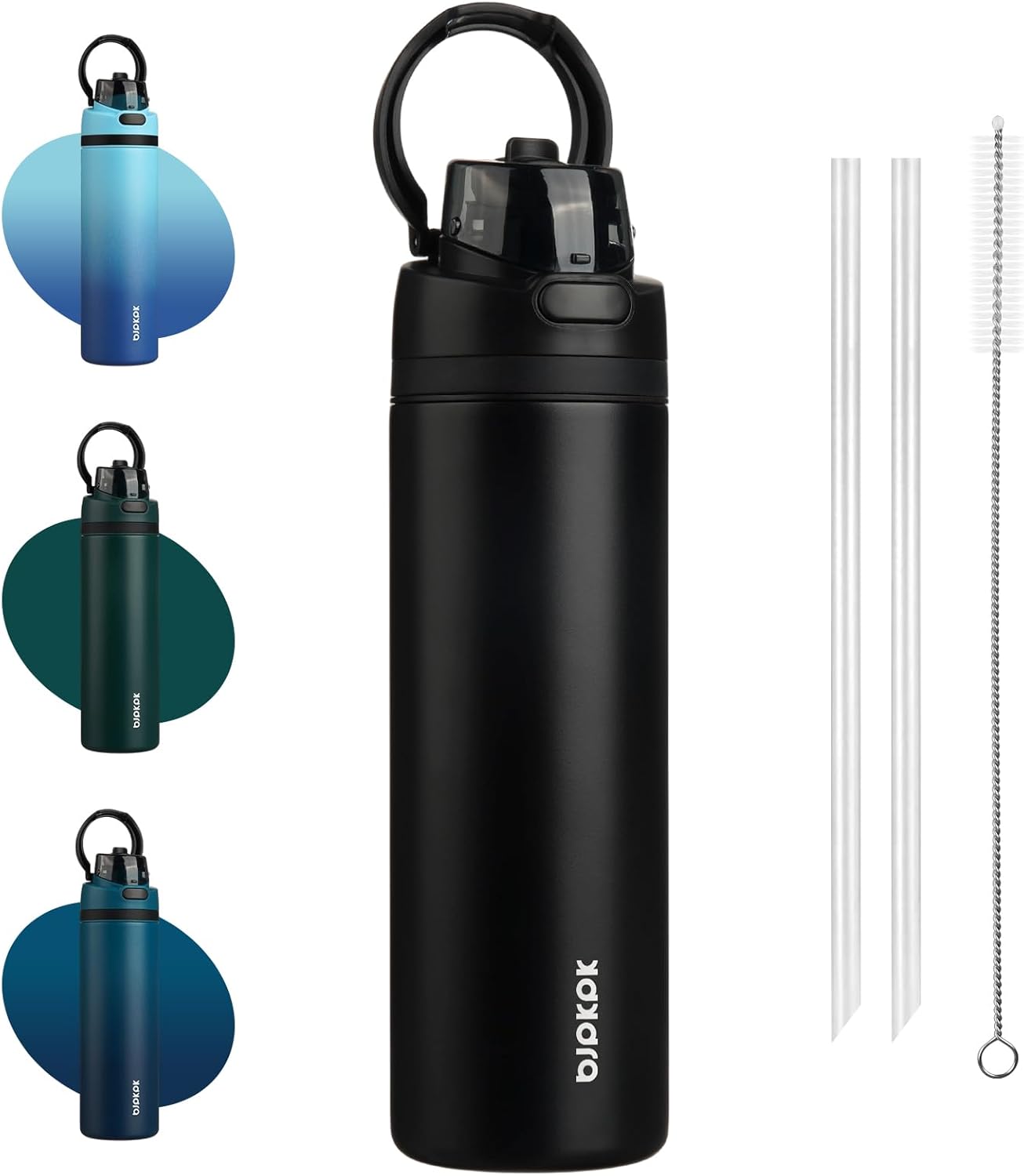 BJPKPK 25oz Insulated Water Bottle with 2-1 Straw Spout Lid, Stainless Steel Metal Water Bottles with Carry Handle, BPA Free, Leak-Proof, Fits in Car Cup Holder, Thermo for Sports,Black