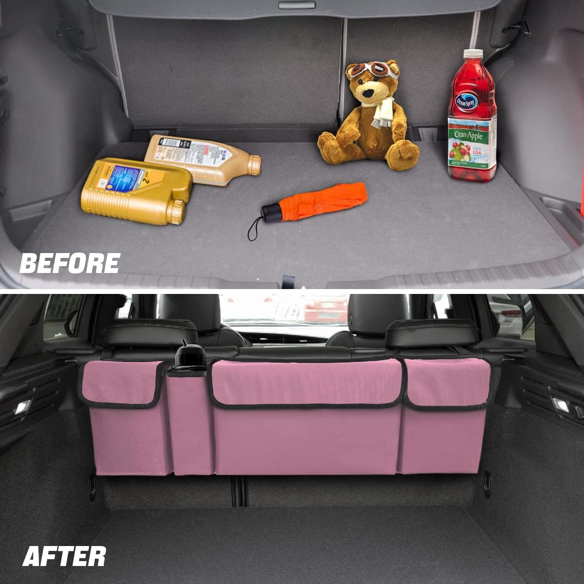 AUCELI Car Trunk Organizer, Backseat Hanging Large Storage with Adjustable Straps, Waterproof Collapsible Cargo Bag with 4 Pockets, Sturdy Space Saver Frees Trunk Floor for SUV, Truck, MPV