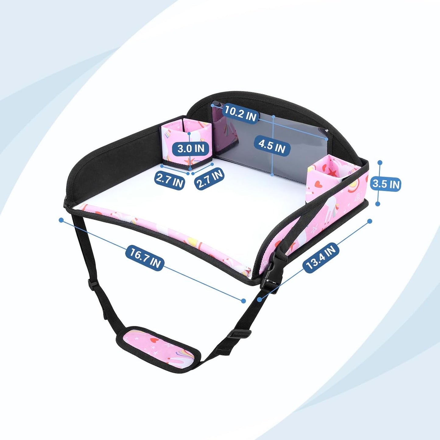 COOLBEBE Kids Travel Tray for Toddler Car Seat, Portable Car Seat Lap Tray with 2 Cup Holders, Pink Unicorn Design for Airplane, Road Trip Activities