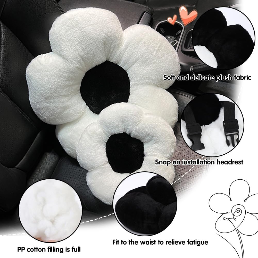 4 Pack Plush Flower Car Headrest Pillow and Lumbar Support Pillow Soft Comfortable Car Headrest Pillow Cute Car Accessories for Car Driving Cute Neck Pillows for Driving Car Decor