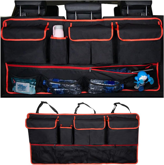 Mandark Car Trunk Organizer, Super Capacity Vehicle Hanging Backseat Cargo Storage Bag with Robust Elastic Net, Detachable Auto Seat Back Organizing Bag, Universal for SUV, Truck, RV（Black/Red）