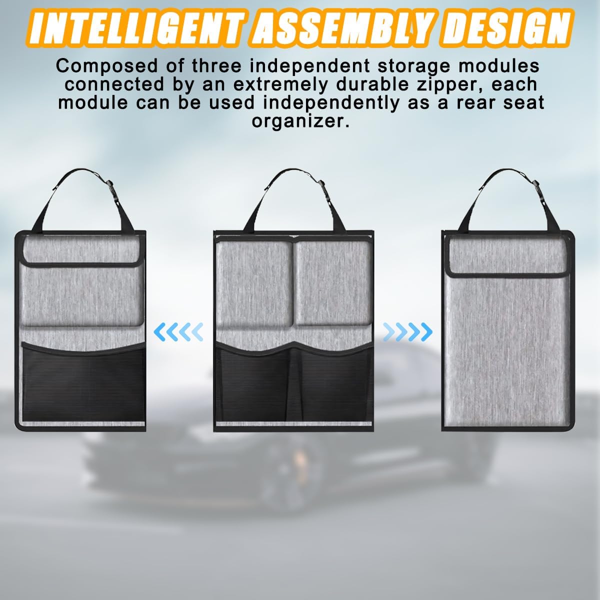 Mandark Car Trunk Organizer, Detachable Vehicle Seatback Hanging Storage Container with Zippers, Large Capacity Waterproof Auto Seat Back Trunk Bag Accessories, Universal for Most Vehicles (Gray)