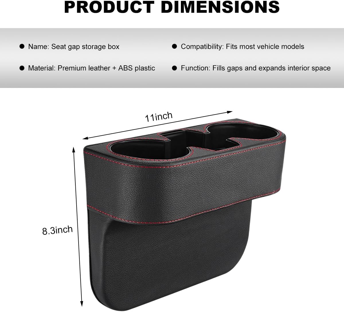 Car Seat Gap Filler Organizer, Multifunctional Auto Console Side Storage Box with Cup Holder, Universal PU Leather Cup Holder Front Seat Crevice Filler for Car Truck SUV (Black)