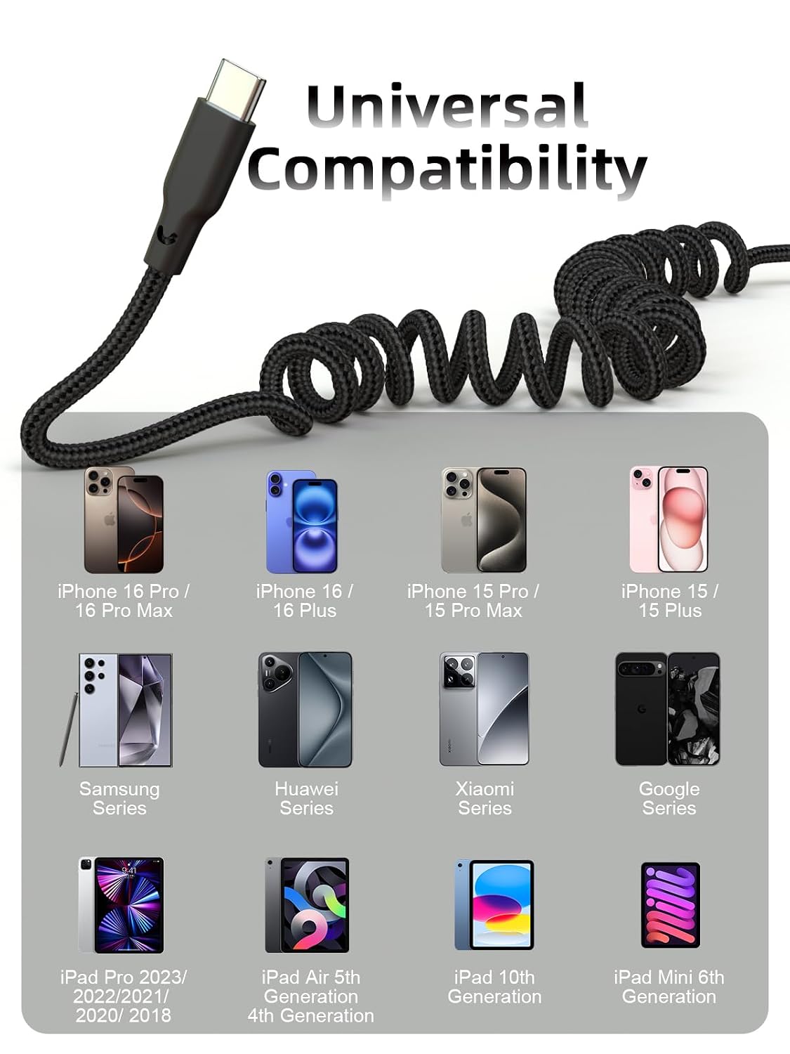 Quickeep Car Carplay Cable 2Pack 3ft Coiled USB A to USB C Fast Charge Cord
