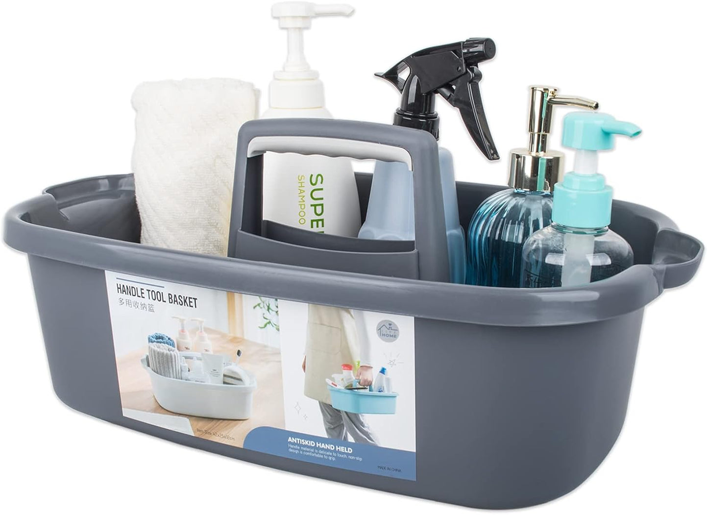 Large Cleaning Supplies Caddy Portable Shower Basket Supply Organizer with Handle Plastic Bucket Tool Storage for Bathroom, Bedroom, Kitchen, College Dorm, Garden, Clear Grey