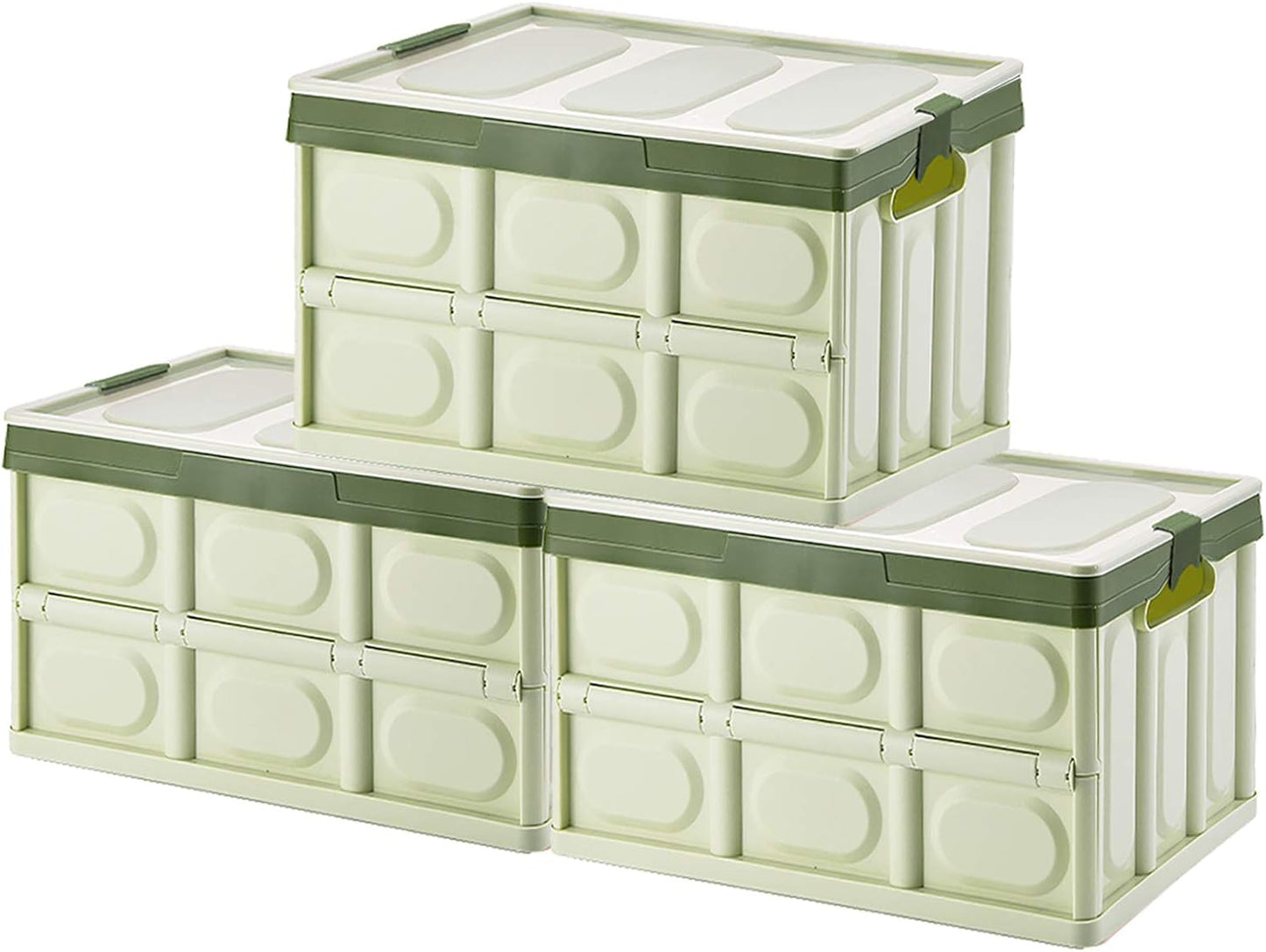 Phyllia Foldable Storage Boxes with Lids, 3 Pack Collapsible Plastic Storage Bins Organizer Containers Baskets Cub with Cover,Stackable Utility Crates Storage Box (Green, 30L)